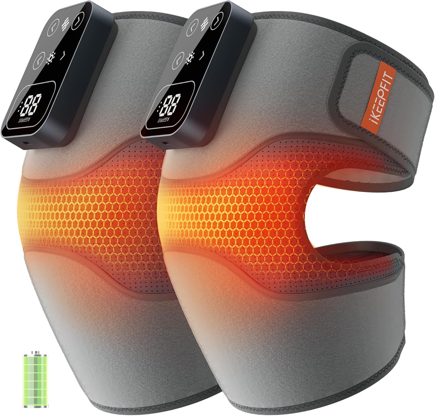 IKEEPFIT MAXwarm 4.0 cordless heated knee massager pair in grey with adjustable straps